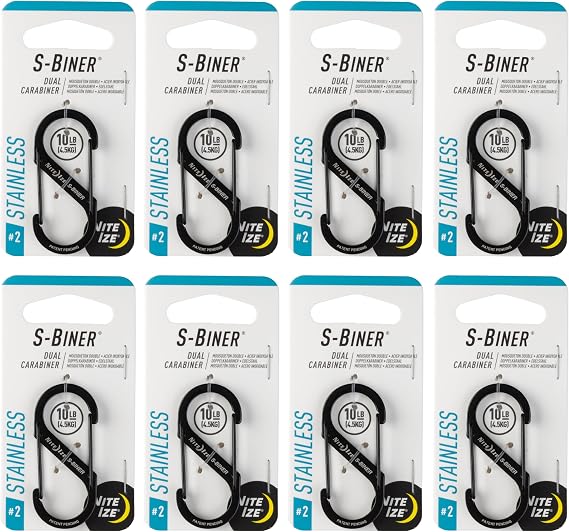 Nite Ize S-Biner Stainless Steel Dual Carabiner - Multi Purpose Dual Carabiner Clip - Great for Camping Supplies & Hiking Essentials - Secure Key Holder - Size 2, Black (8 Pack)