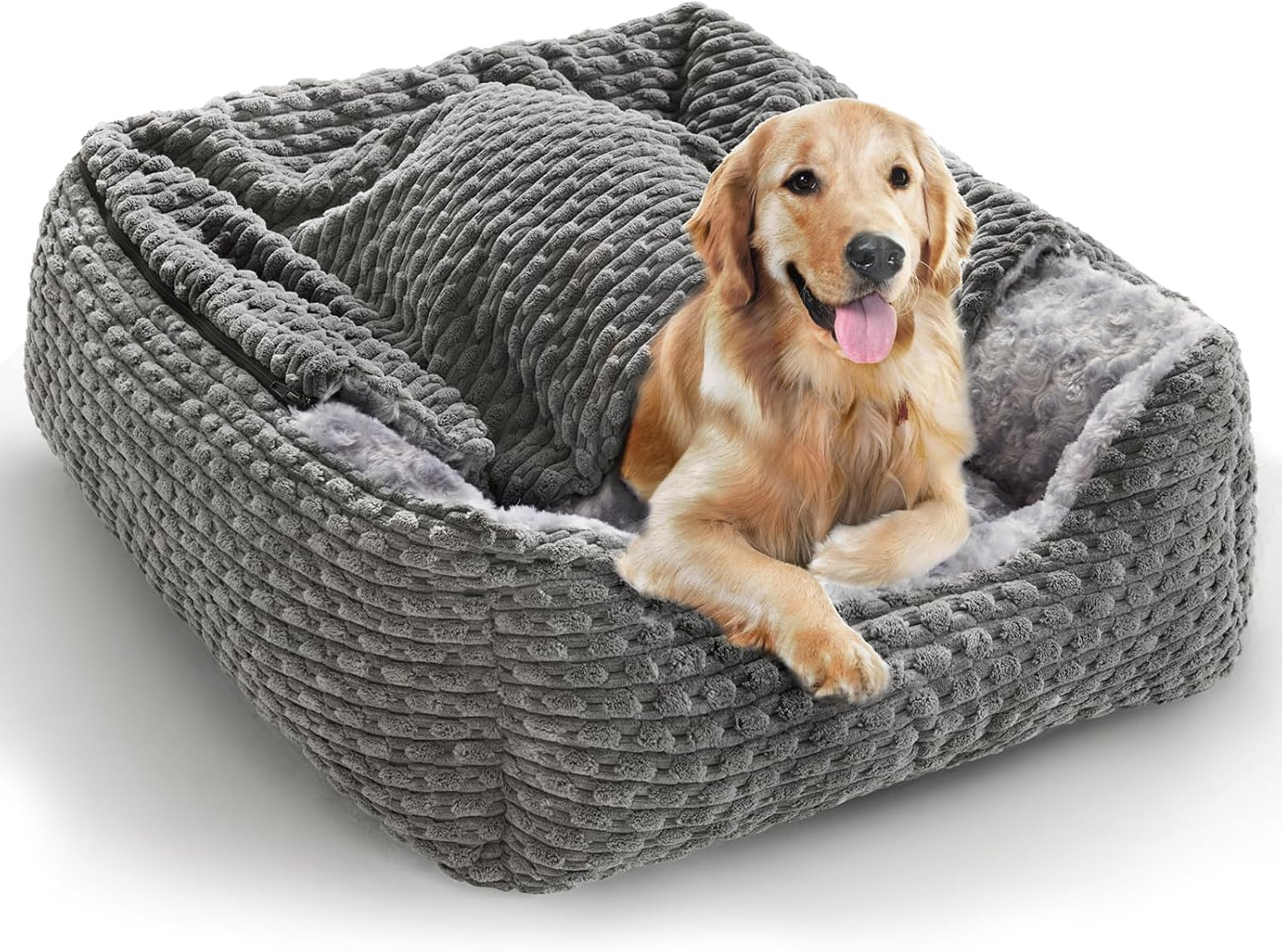 Extra Large Dog Bed Rectangle Large Pet Beds Grey, Hooded Pet Cave Bed with Designed for Wheat Grain, Soft Rose Fluff XL Dog Cave, 90x65x23CM