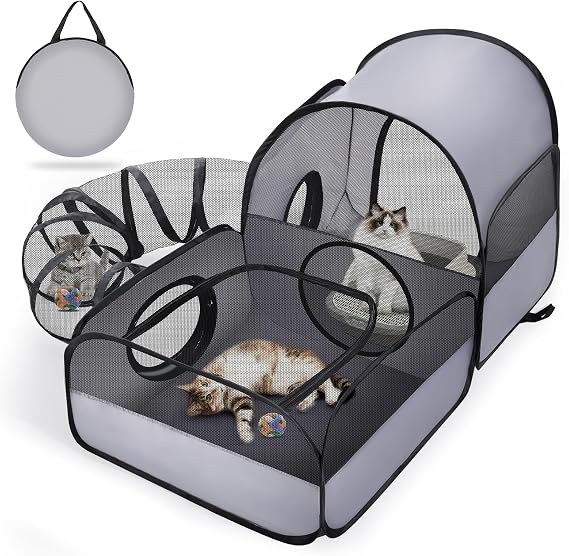 Tailtastic Indoor/Outdoor Cat Playpen with Surround Tunnel 2 Zones Grey