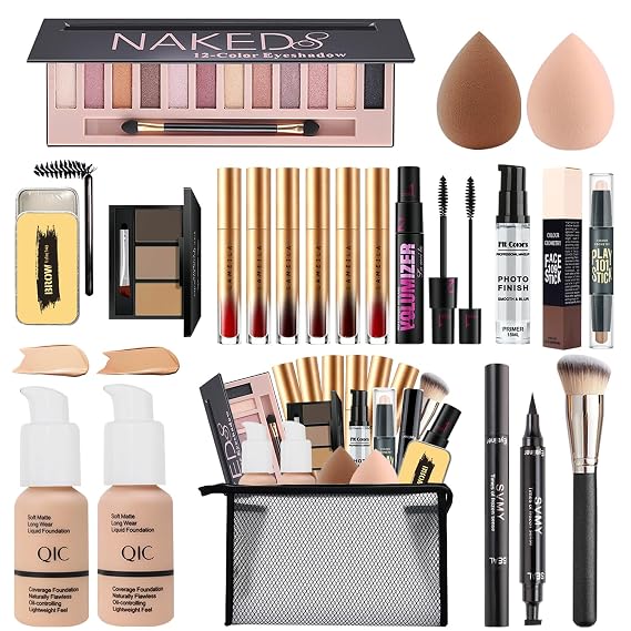 All in One Makeup Kit for Women Full Kit,Travel Make Up Gift Set for Women Teens Girls, Includes Eyeshadow,Foundation,Lipstick,Mascara,Brush,Sponge,Brow Powder & Soap,Eyeliner,Primer,Contour,Bag