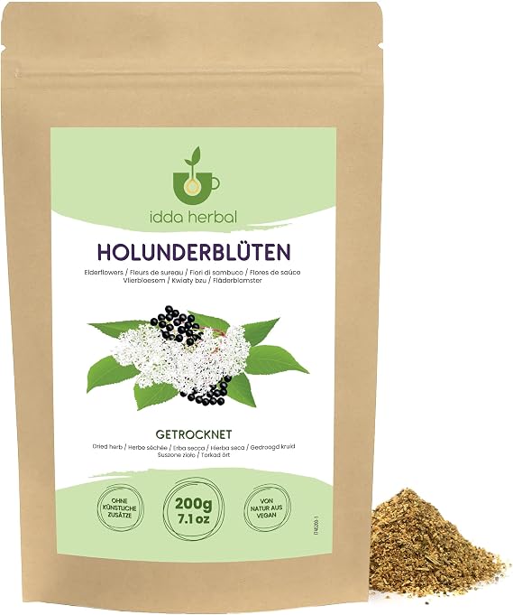 IDDA Herbal Elderflower Tea 200g 7.1 oz, Dried and Rubbed Elderflowers, Loose Herbal Tea