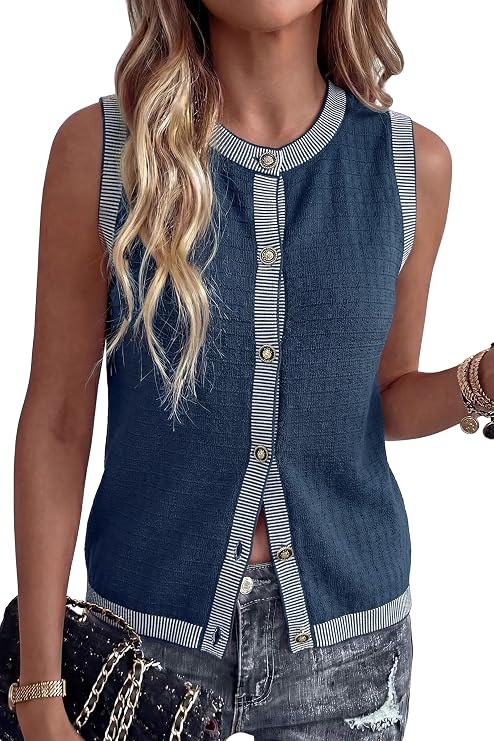 Arach&Cloz Women's 100% Cotton Crewneck Contrast Trim Button Front Sweater Vests 2026