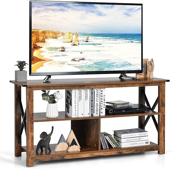 Tangkula Wood TV Stand with Open Shelves and X-Shaped Frame, 3 Tier Entertainment Center for 55-Inch TV, Farmhouse TV Console Table, Open TV Stands for Living Room Bedroom (Brown)