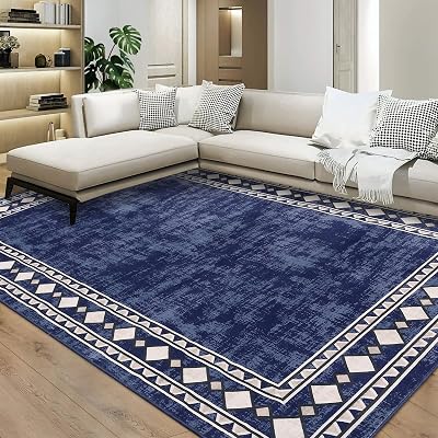 GlowSol Bordered Rug 8x10 Living Room Rug Machine Washable Rugs for Bedroom Low-Pile Large Rug Modern Solid Rug Minimalist Border Stain Resistant Soft Floor Carpet for Farmhouse Kids Playroom,Blue