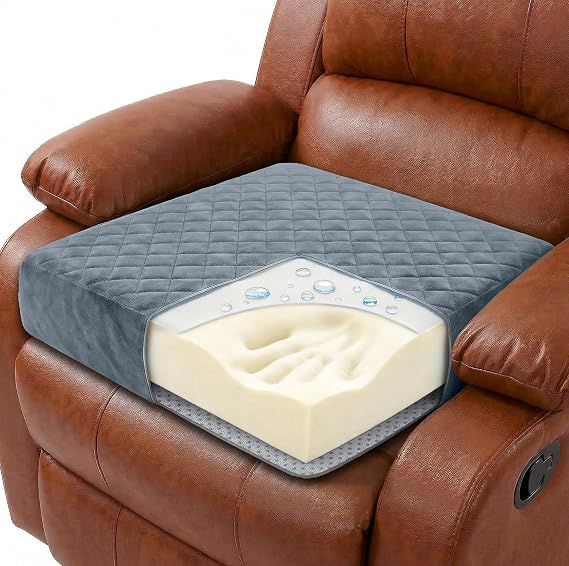 Medium-Soft 22x22x5 Memory Foam Recliner Chair Seat Cushion for Long Sitting - Armchair Pad with Washable Velvety Cover with Waterproof Layer & Non-Slip Base for Seniors & Elderly - Gray