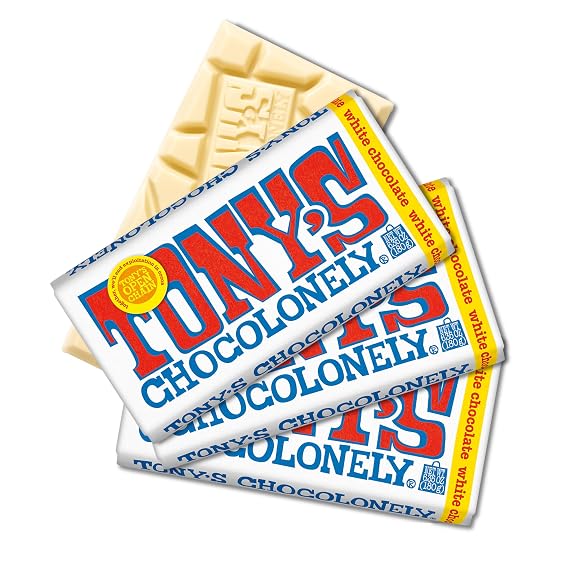 Tonys Chocolonely Belgian White Chocolate Candy Bar, Pure Chocolate Bars for Snacks, Party Favors, Gifts, Baking, or Gift Basket, Made From Quality Fairtrade Cocoa, 4 Bars, 6.35 Oz Each