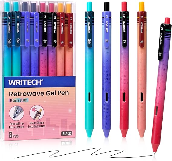 WRITECH Black Ink Gel Pens: Retrowave 0.5mm Fine Point Silent Click 8ct