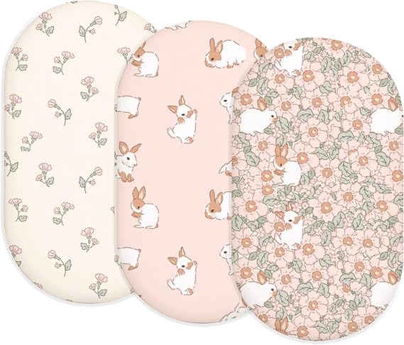 Bassinet Sheets, Fitted Baby Mattress Covers, 33" x 17", Blush Bunny