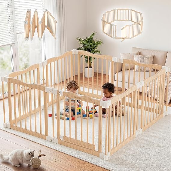 Foldable Wooden Playpen,Natural, 53 x 53 x 24 inches | Adjustable Wood Baby Play Yard with Door, Indoor Large Safety Fence for Babies and Toddlers, Easy Assembly
