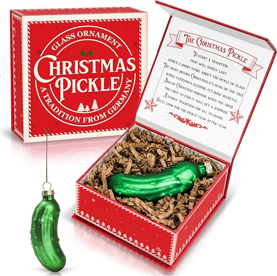German Christmas Pickle Ornament Tradition Handcrafted Green Glass Christmas Tree Ornament Gift Boxed with Story & Legend Holiday Keepsake Gift