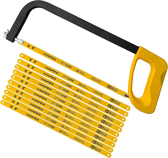 Hanpex 12in. High-Tension Hacksaw Frame with 10pcs 24TPI Extra Bi-metal Blades, Hand Saw Suitable for Metal, wood, PVC, Carpentry