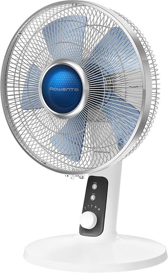 Rowenta, Desk Fan, Turbo Silence Table Fan, 12 Inches, Ultra Quiet Fan for Bedroom, Oscillating, Portable, 4 Speeds, Manual Turn Dial, White, Indoor, VU2730