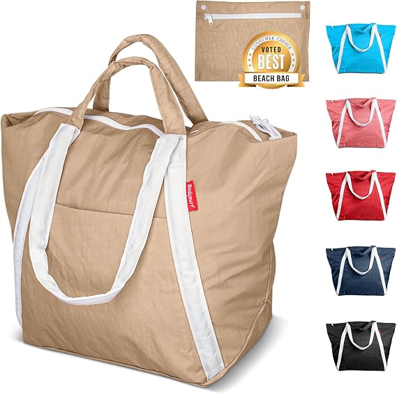 Bodysurf Beach Bag Waterproof Sandproof, Foldable Packable Travel Zip Tote | Pool, boat and swim bag for men and women, XL and medium, 6 colors, zip-top, front pocket, inner wet pouch, recycled nylon