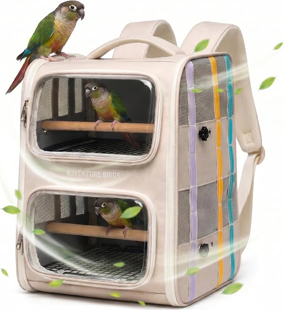 Bird Backpack Carrier for Parrots, Double Layer Bird Travel Cage with Removable Mesh Tray & Perch, Portable Ventilated for Multiple Small Birds