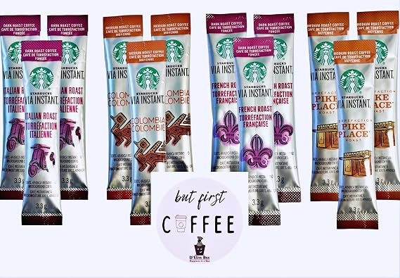 VIA D'Elite Box Variety Sampler Pack Instant Coffee Gift 12 sticks - French Roast, Pike Place, Colombia, Italian Roast with Free Bonus 2 Packets of Hot Cocoa for a perfect Holiday gift