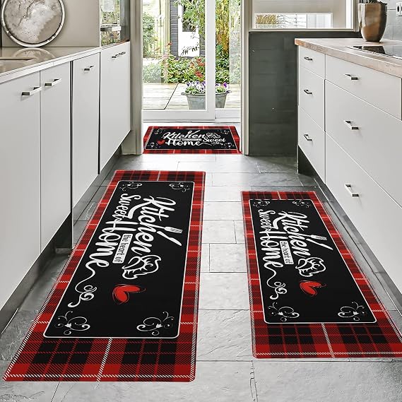 XLHOMO Kitchen Runner Rugs of 3, Red Non Slip Cushioned Kitchen Mat for Floor Waterproof Comfort Mats Farmhouse Chef Mats Floor Carpet