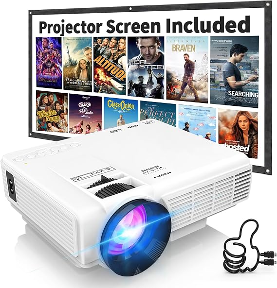 PANSEBA 1080P Mini Projector with Screen, Portable Home Theater Movie Projector with Two-Way Bluetooth, HDMI/USB Input for Smartphone/TV Stick, Ideal for Indoor & Outdoor Use, White