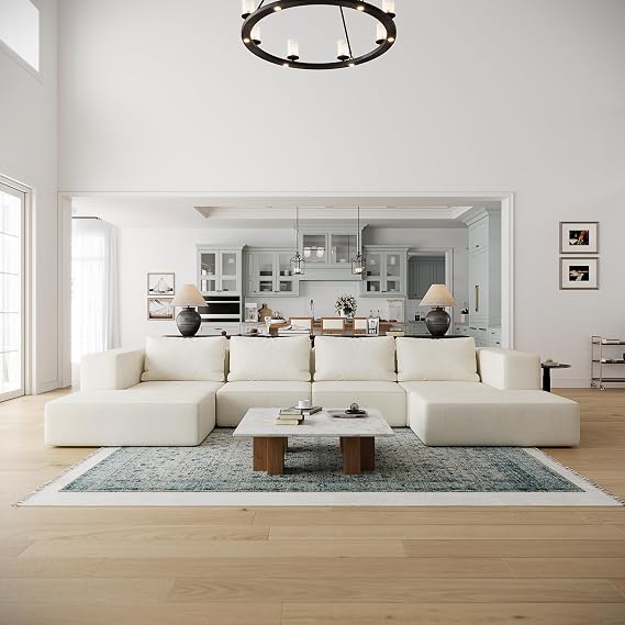 Acanva Altas Modular Sectional Sofa, Linen-Like-Cream | Fully Washable Slipcovers, Armrests Double as Ottomans, Low Profile, Wood Frame, Oversized Couch for Living Room