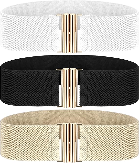 cobee 3Pcs Wide Elastic Belts for Women, Vintage Stretch Waist Belt Adjustable Dress Waistband Stretchy Belt with Golden Buckle Black White Khaki