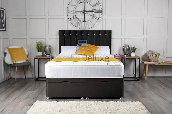 Plush Velvet Side Lift Open Ottoman Storage Divan Bed With 1000 Pocket Royal Mattress And Florence Buttoned Headbaord | Premium Ottoman Divan Bed Set (6.0FT Super King (182cm X 201cm), Black)