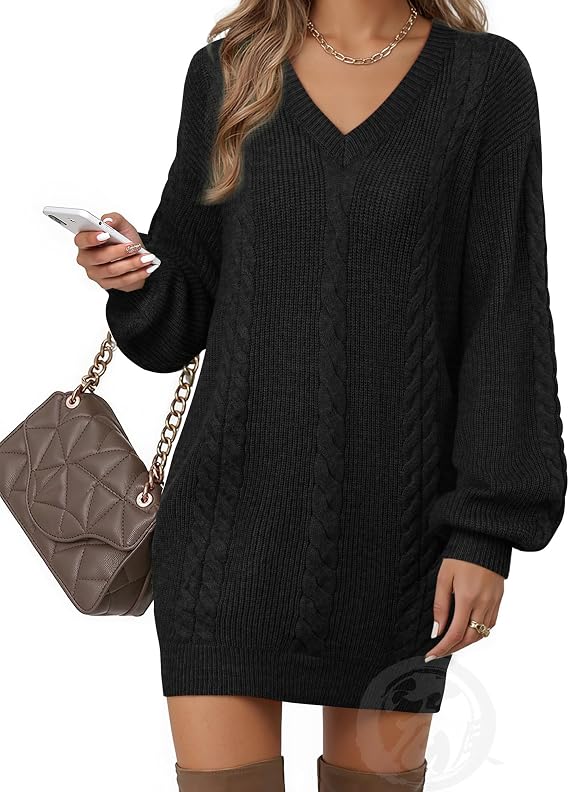 Women's Casual V Neck Fall Lantern Sleeve Knit Mini Sweater Dresses