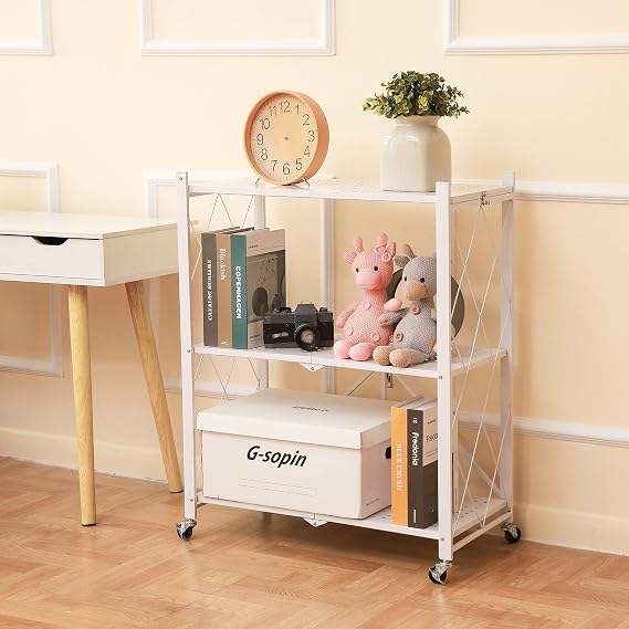 Letusto Foldable Collapsible Shelf with Wheels & Breaks - Folding Shelf Heavy Duty Metal Frame Pantry Shelving Unit - Origami Bookcase - No Assembly Bookshelf (White, 3 Tier)