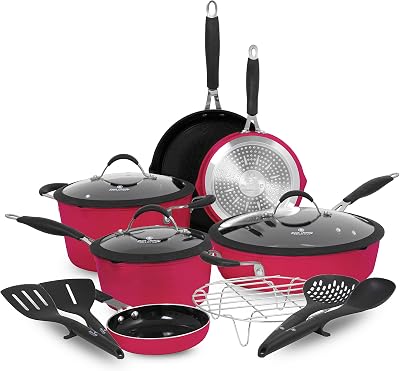 Paula Deen Family 14-Piece Ceramic, Non-Stick Cookware Set, 100% PFOA-Free and Induction Ready, Features Stay-Cool Handles, Dual Pour Spouts and Kitchen Tools Ruby Red