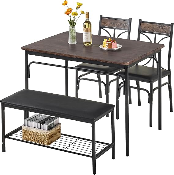 VECELO Kitchen Dining Table Set with Upholstered Bench & 2 Chairs | Space-Saving Compact Design | Perfect for Small Apartments, Breakfast Nooks, Rustic Brown