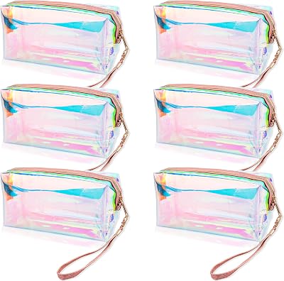 6 Pack Holographic Clear Makeup Bag Iridescent Waterproof Cosmetic Pouch with Wrist Loop Portable Toiletry Organizer TPU Travel Makeup Bags with Zipper for Girls
