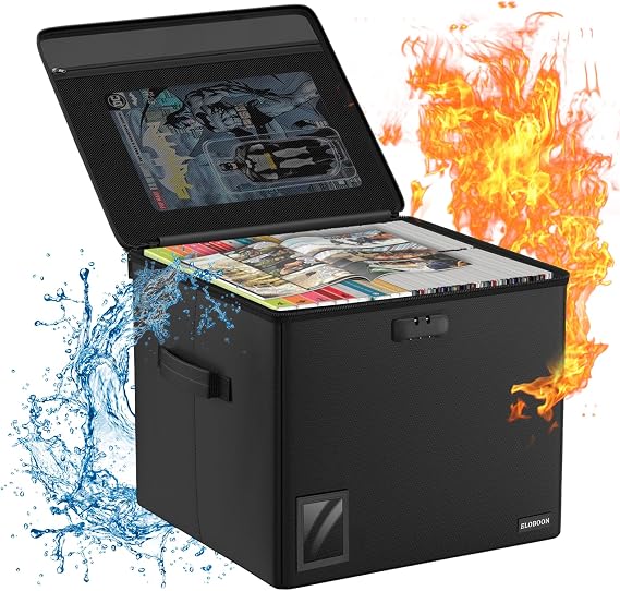 Fireproof Comic Book Storage Box for 300-350 Comics,Comic Bin | Water-Resistant,Moistureproof,Stackable Box with Zipper Mesh Pocket and Label Window,Comic Book Case,Sturdy Short Case,Black