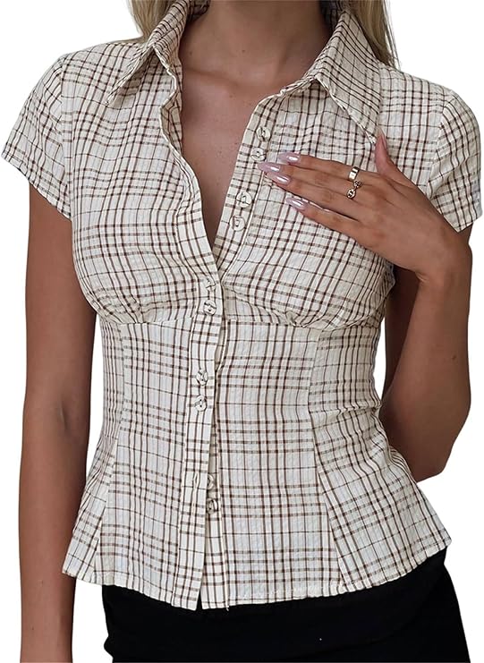 Women Button Down Shirts Y2k Slim Fit Lapel Collar Short Sleeve Blouses