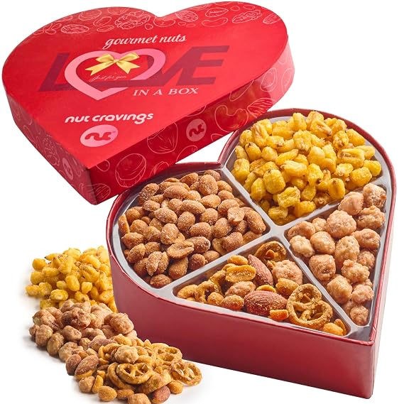 NUT CRAVINGS - Mixed Nuts Heart Shaped Gift Basket (4 Assortments) | Love in A Box, Romantic Food Arrangement, Healthy Snack Care Package, Kosher Food Assortments