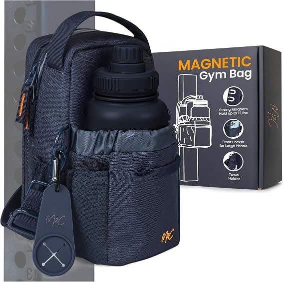 M2C Premium Magnetic Gym Bag, Attaches to Gym Equipment, Holds 12 lbs | Magnetic Gym Pouch with Bottle, Phone & Key Storage, Detachable Strap, For Sports or Travel. Including Towel & Towel Holder
