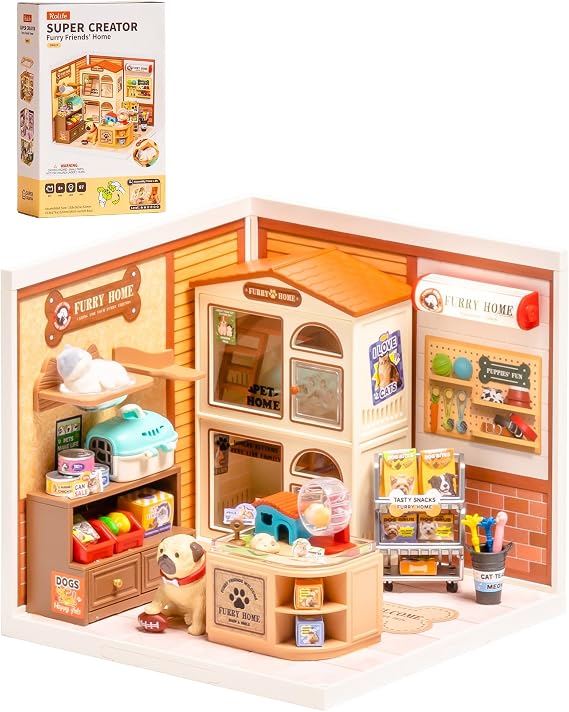 Rolife Super Creator Furry Friends' Home DIY Miniature House Kit, Snap-Fit Plastic 3D Puzzle No Glue Needed, Stackable Pet Store Room Decor Gift for Adults & Teens, 89 PCS