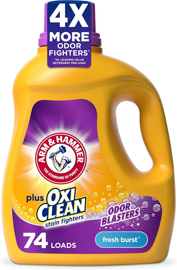 ARM & HAMMER Plus OxiClean with Odor Blasters Liquid Laundry Detergent | Laundry Odor Remover, Attacks Stains, Fresh Burst Scent, 74 Loads, 96.2 Fl Oz
