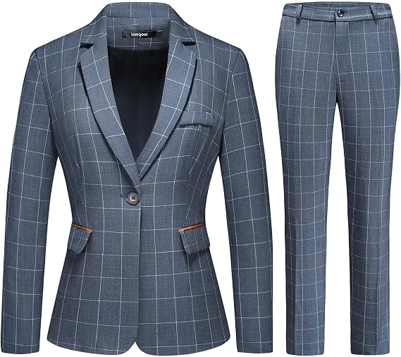 Lamgool Women's 2 Piece Plaid Suit Blazer Jacket Pant Set