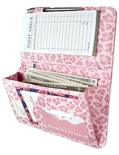 Server Book for Waitress, Magnetic, Zipper Pocket, Light Pink Leopard