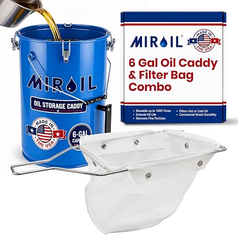 MirOil Blue Filter Pot Combo (6 Gallon) - Oil Pot & Filter Bag Heavy Duty Steel Oil Disposable Caddy with Lid for Commercial Kitchen Storage - Grease Container for Kitchen with Bag