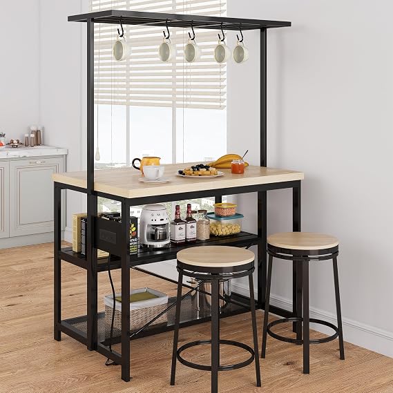 47" Large Kitchen Island Table Bakers Rack with Power Outlet and 3-Tier Storage-Microwave Stand Oven Shelf, Metal Coffee Bar Table ,Kitchen Storage Shelf for Dining Living Room, 5 Hooks,47"*28"*72"