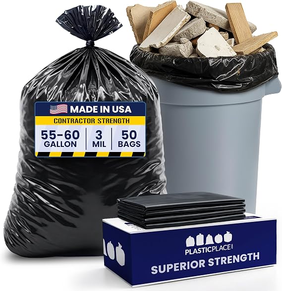 Plasticplace Contractor Trash Bags 55-60 Gallon, 3.0 Mil, Black Heavy Duty Garbage Bag, 38 X 58 (50Count)
