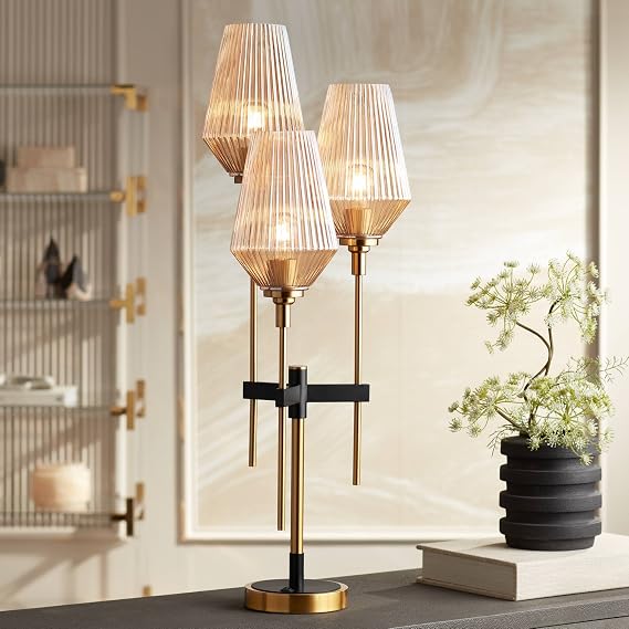 Axiom 39" Large Table Lamp Gold 3-Light Brass Glass Console Modern