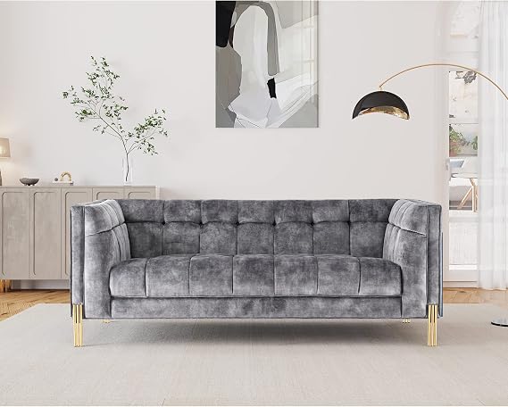 Acanva Mid-Century Square Tufted Velvet Sofa, 74W Loveseat | Small Sofa, Wood Frame, Living Room Bedroom Furniture