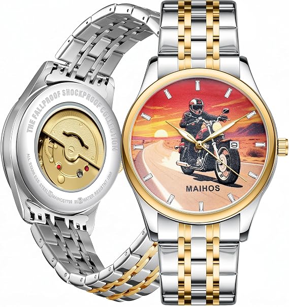 Mens Watch, Sports Wacth Man Culture Themed Dial, Stainless Steel Casual Wrist Watch for Men, Luminous Hands, Date Display, Water-Resistant Analog with Mixed-Tone Bracelet