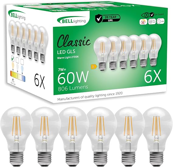 BELL Lighting E27 Energy Saving LED Filament GLS Bulbs Warm White 7W 6 Pack [Energy Class F]