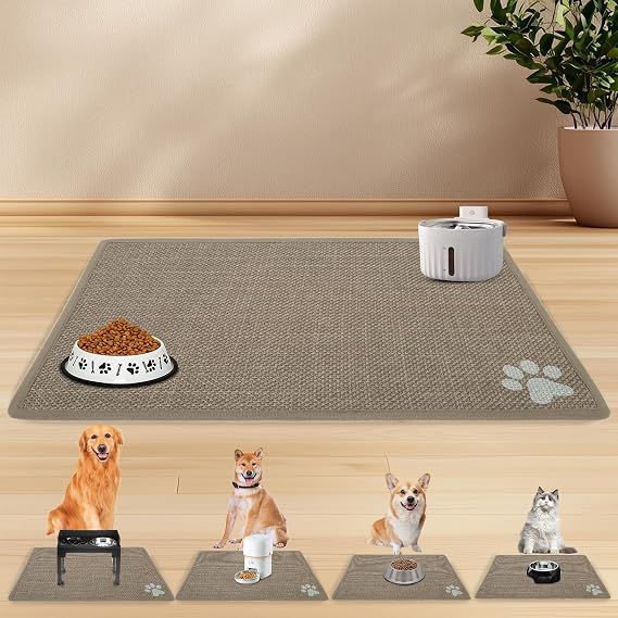PUPTECK Dog Food Mat, Absorbent Pet Cat Feeding Mat for Food and Water Bowls, Anti-Slip Dog Placemat for Floors Waterproof, Pet Supplies Accessories, Khaki S