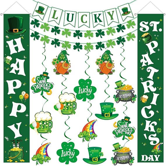 Happy St. Patrick's Day Decorations Decor- Shamrock Saint Patricks Day Decorations Porch Banner, LUCKY Banner, 14 Hanging Swirls, 2 Shamrock Garlands for Home Office Classroom Party Supplies, Green