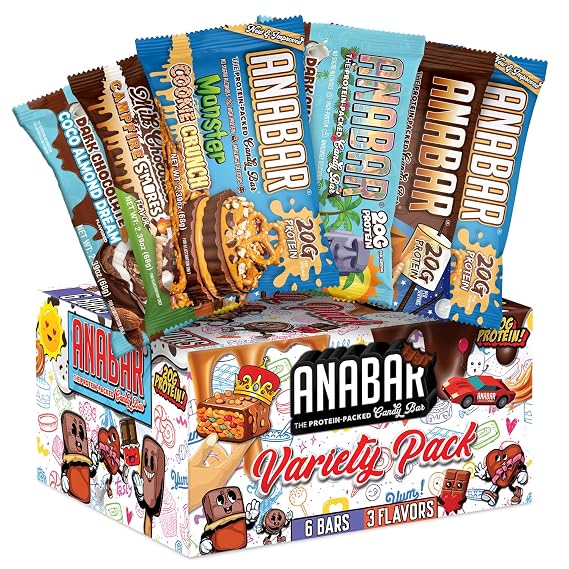 Anabar Protein Bar, The Sampler Pack, The Protein-Packed Candy Bar, World's Best Tasting Protein Bar, No Sugar Alcohols, High Protein, Amazingly Delicious, 20 Grams of Protein (6 Bars, Original Variety)