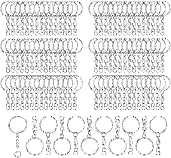 100 Set Keychain Ring with Chain and Open Jump Rings 24mm Splits Key Ring Hoops for DIY Crafts, Jewelry, Keys, Pendant, Keyring Making Silver
