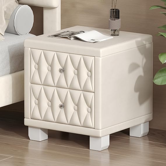 Merax Velvet Nightstand with 2 Drawers and Crystal Handle, Storage Bedside Table with Button-Tufted, Beige
