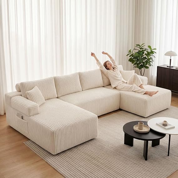 Levede 321cm U-Shaped Modular Sofa, 3-Seater Boneless Sectional Couch with Pillows, Deep Seat Corner Sofa for Living Room, Bedroom, No Assembly Required, Beige